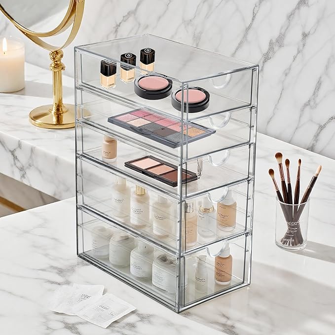 Prsildan Acrylic Drawer Makeup Organizer with 5 Drawers, Hair Accessories Organizer, Office Desk Organization, Clear Stackable Storage Drawers for Vanity, Countertop, Craft, Jewelry-NeatNest