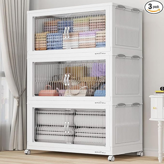 600Qt Extra Large Stackable Storage Bins with Lid, Closet Organizer Collapsible Drawer Boxes with Wheels, Folding Plastic Cabinet Containers for Home Kitchen Room Organization, 3Pack White