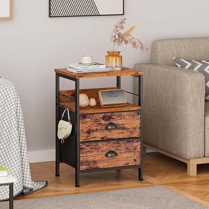 Furologee Nightstands Set 2, Bedside Table with 2 Fabric Drawers, End Table with Hooks and Shelf, Side Table for Bedroom/Living Room/Study/Hallway/Brown