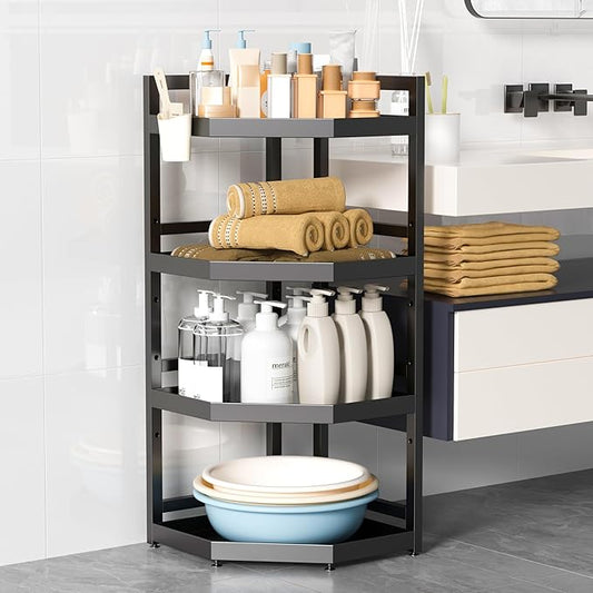 4 Tier Standing Corner Shower Caddy,Waterproof and Rust Proof,Adjustable Height,Multi-functional Tiered Storage for Shower Gel,Shampoo,Cosmetics,Kitchen Supplies,Black