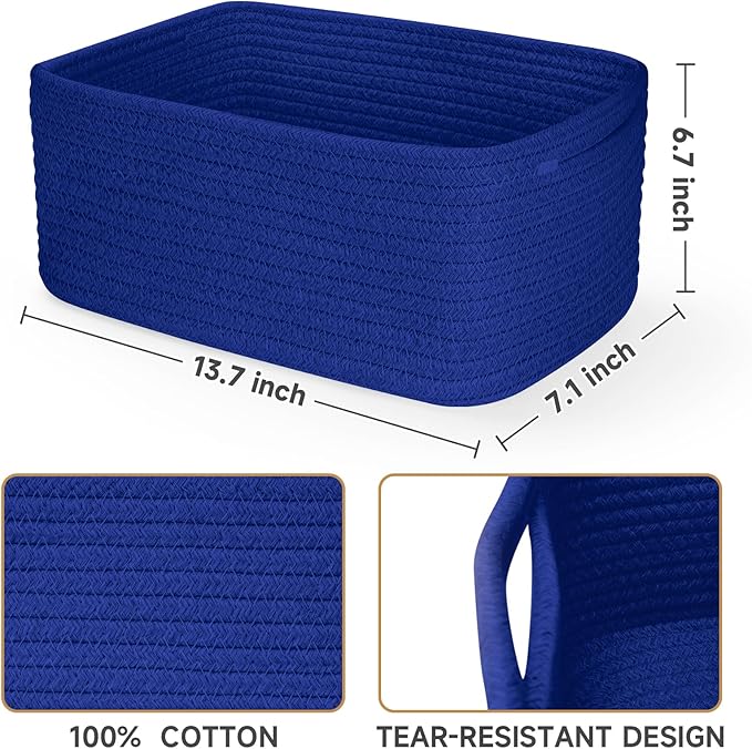 3-Pack Storage Baskets for Organizing | Woven Shelf Toy Basket | Rope Baskets for Gifts Empty | Closet Organizer Bins with Handles | Cube Decorative Box | 13.7×7.1×6.7” | Klein Blue-NeatNest