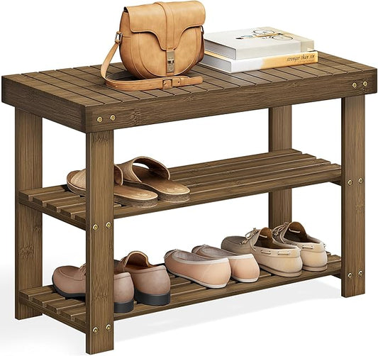 SONGMICS Shoe Rack Bench, 3-Tier Bamboo Shoe Storage Organizer, Entryway Bench, Holds Up to 286 lb, 11.3 x 27.6 x 17.8 Inches, for Entryway Bathroom Bedroom, Yellow Brown ULBS04WL-NeatNest