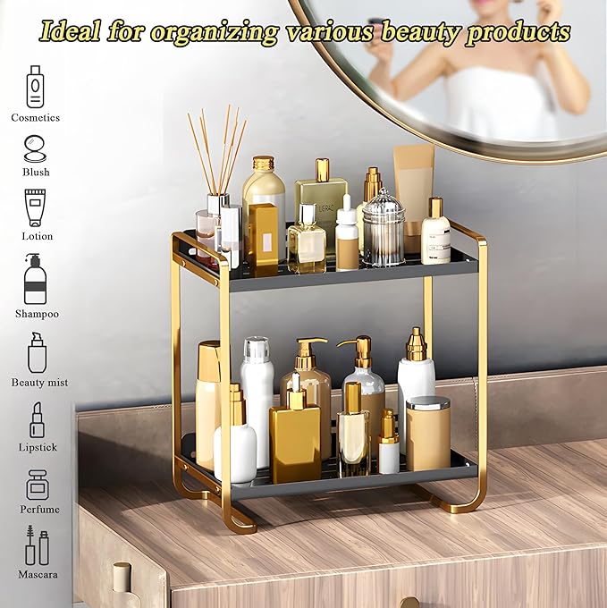 2-Tier Black Carbon Steel Bathroom Counter Organizer - Skincare Cosmetic Display Tray for Perfume, Makeup，Bathroom, Vanity Storage - Modern Countertop Organizer and Vanity Decor