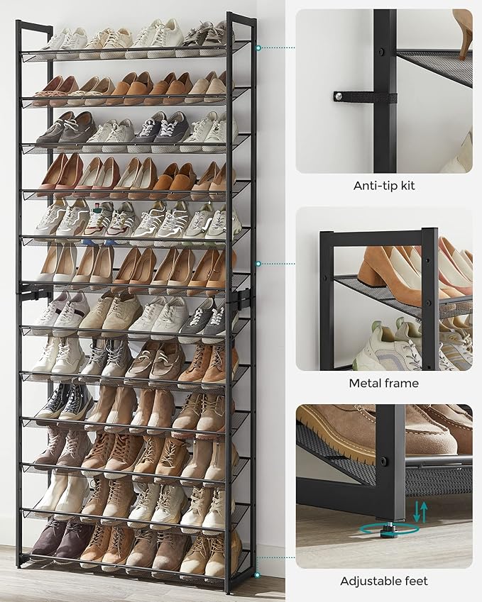 SONGMICS Shoe Rack, 12-Tier Shoe Organizer, Metal Shoe Storage for Garage, Entryway, Set of 2 6-Tier Stackable Shoe Shelf, with Adjustable Flat or Angled Shelves, Holds 48-60 Pairs, Black ULMR12B-NeatNest
