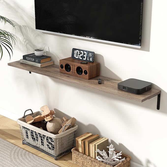 Fun Memories Deep Floating Shelves, 55W x 8D Floating Shelves Set of 2, Wall Mounted Shelf with Metal Brackets, Rustic Wood Wall Shelf for Bathroom, Kitchen and Living Room, Grey-NeatNest