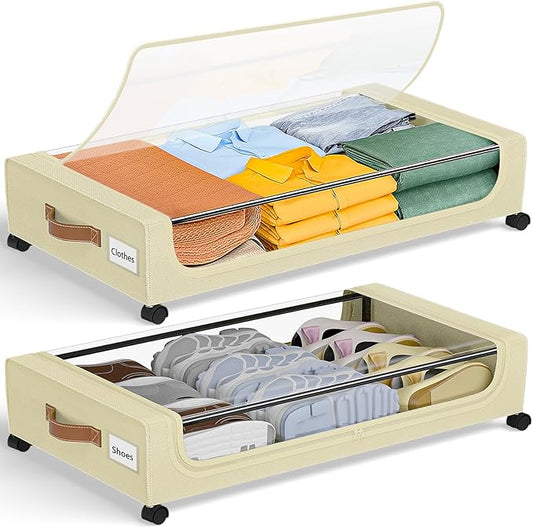 GoMaihe Under Bed Storage with Wheels: XXL Underbed Storage Containers with Lids - Rolling Bins for Shoes Clothes in Dorm Bedroom - Metal Drawers Easy Pull-out Beige 2-Pack-NeatNest