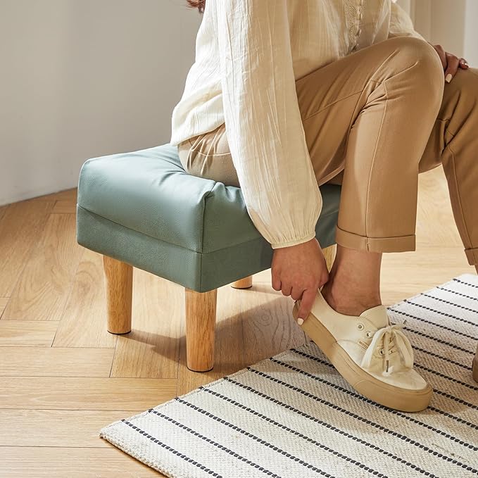YMYNY Small Footstool Ottoman, Faux Leather Footrest with Sponge Padded Seat, Step Stool for Sofa, Bedroom, Living Room, Entryway, Modern Change Shoes Stool 15.75"D × 11.42"W×12.6"H Green UHBD040GR