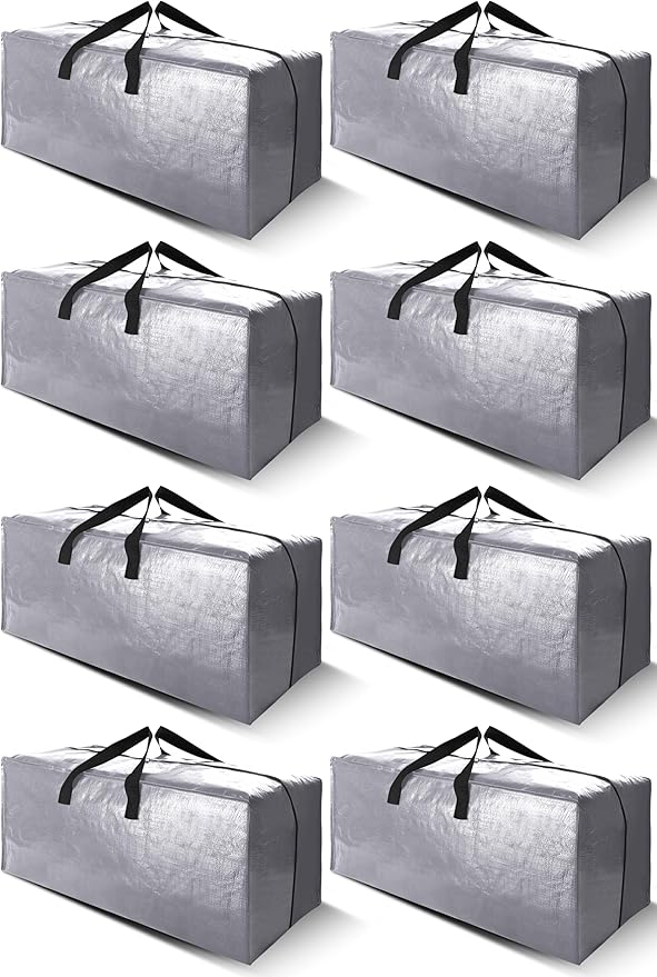 Cosy Family 8 Pack Heavy Duty Extra Large Moving Bags with Backpack Straps - Strong Handles & Zippers, Storage Totes For Space Saving, Fold Flat, Alternative to Moving Box (Set of 8, Silver)-NeatNest