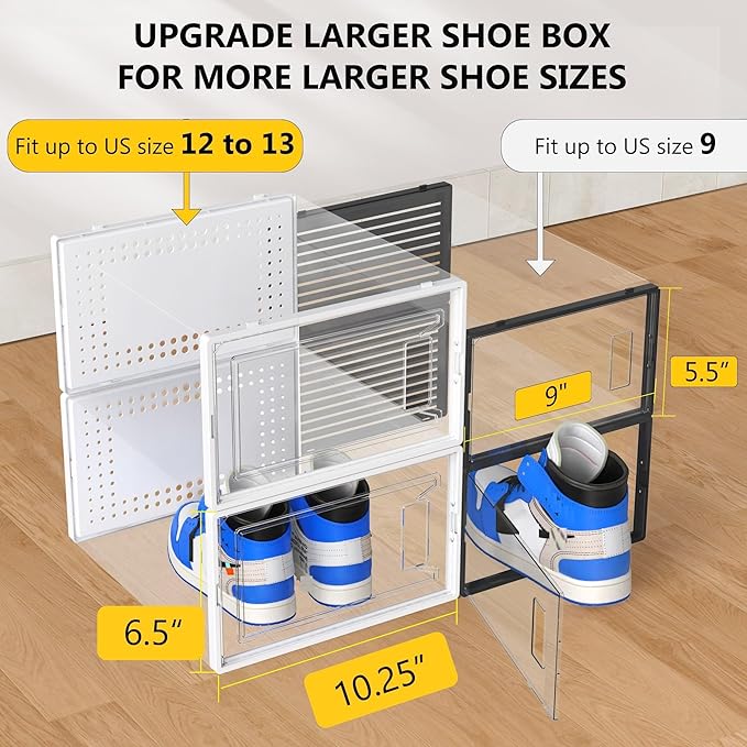 12 Pack XX Large Shoe Organizer Storage Boxes for Closet, Modular Space Saving Shoe Boxes Clear Plastic Stackable Sneaker Containers Display Case with Lids, Pearl White-NeatNest