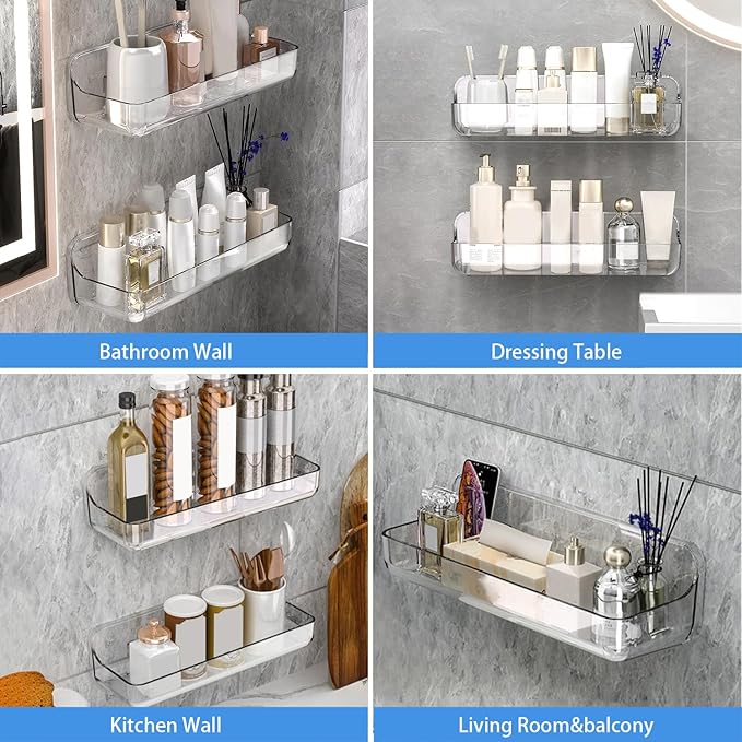 2pc Acrylic Wall Mount Organizer, Adhesive Shelf, Bathroom Shelves for Wall, Self Adhesive Organizer, Shower Caddies, No Drilling Hang Wall,with 3pack Tapes, for Bathroom, Kitchen, Living Room-NeatNest