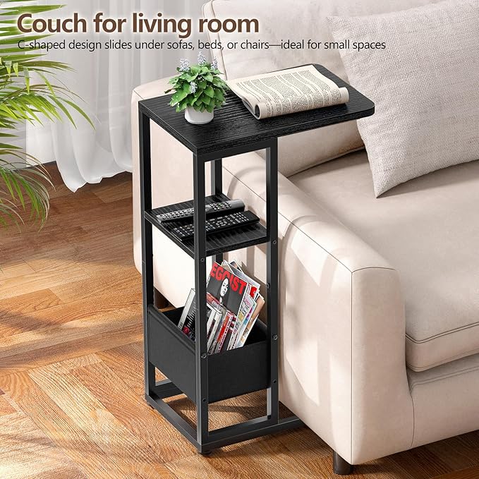 C Shaped End Table, Small Side Table for Couch, Recliner, Slide Under Sofa Tray Desk Snack Tables with Storage Bag for Living Room,Bedroom, Small Spaces - Black