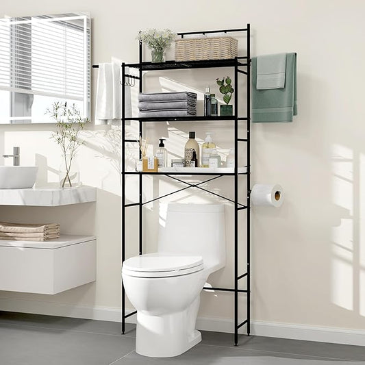3-Tier Over The Toilet Storage Rack, Freestanding Bathroom Shelves Organizer with Hooks and Toilet Paper Holder, Space Saver Metal Shelf for Small Bathroom, Black