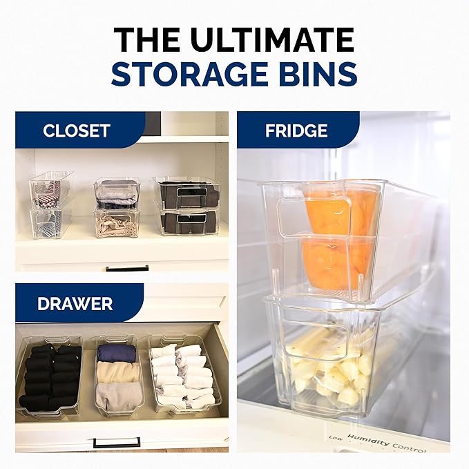 3 Pack Stackable Storage Bins - Plastic Storage Containers for Fridge, Pantry, Freezer, Closet & Kitchen, Clear Fridge Organizer Bins Ideal for Breastmilk, Baby Pouches & Formula Bottles | Medium