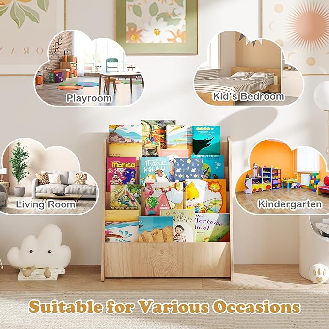 GLACER 4-Tier Kids Bookshelf, Wood Toddler Bookcase with Deep Magazine Display Shelf & Back Storage Space, Children Storage Organizer for Nursery, Playroom, Kids Bedroom, Classroom (Natural)