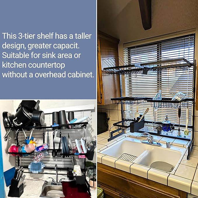 ADBIU Over The Sink Dish Drying Rack (Expandable Height and Length) Snap-On Design 2 Tier Large Dish Rack 31-39.4L x 12W x 34-38H inches