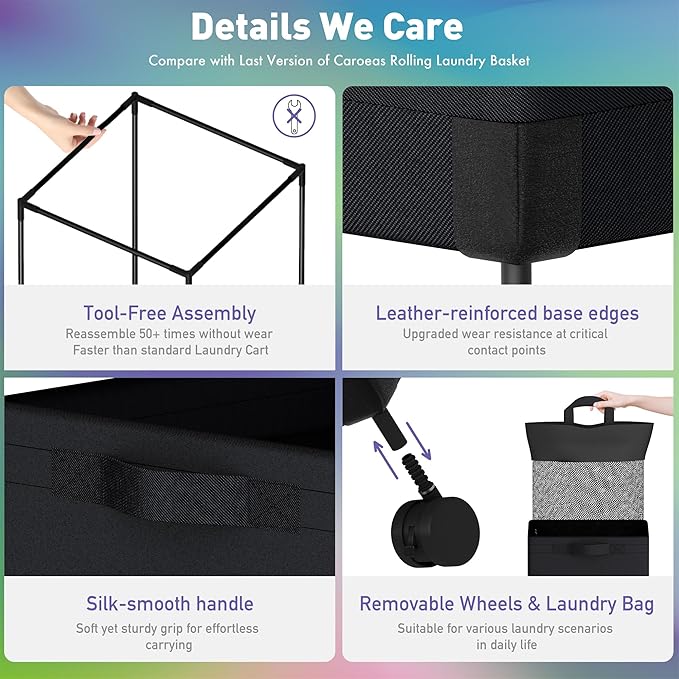 Caroeas Next-Gen 105L Matel Frame Laundry Basket with wheels, Heavy Duty Tall Rolling Laundry Hamper with Removable Wash Bag, Collapsible Freestanding Clothes Hamper (100L,Black,1Pack)