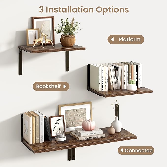 Fun Memories Rustic Brown 12 Inch Deep Floating Shelves Set of 2, Wall Mounted Shelf with Metal Brackets, Rustic Wood Wall Shelf for Bathroom, Kitchen and Living Room-NeatNest