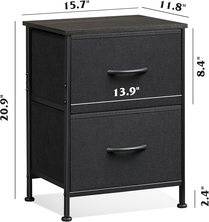 WLIVE Black Nightstand Set of 2, Night Stand with 2 Fabric Drawers, Small Dresser for Bedroom, Bedside Tables for Small Spaces, Dorm, Wood Top