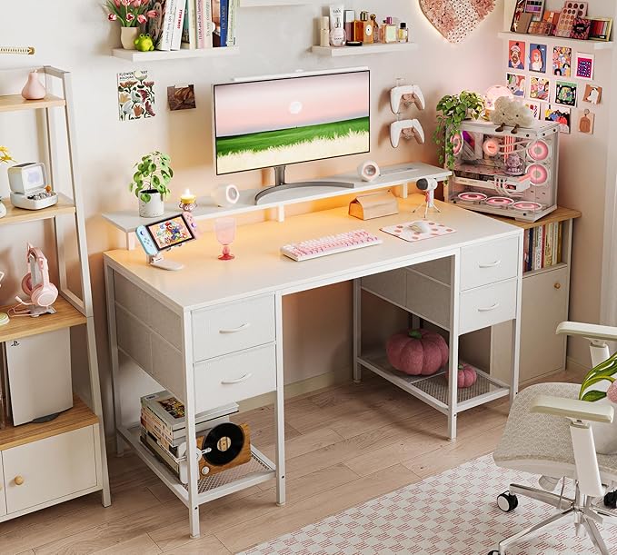 Huuger 47 inch Computer Desk with 4 Drawers, Gaming Desk with LED Lights & Power Outlets, Home Office Desk with Large Storage Space for Bedroom, Work from Home, White-NeatNest