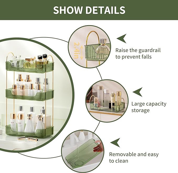3 Tier Bathroom Organizer Countertop Makeup Perfume Tray Skincare Organizer for Bathroom Dresser Vanity (Green)-NeatNest