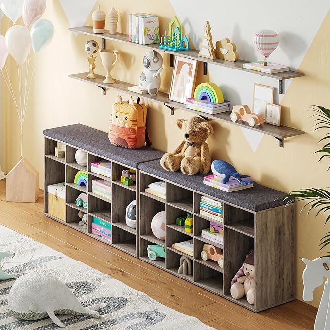 DINZI LVJ Shoe Storage Bench with Cushion, 16-Cubby Shoe Rack, Adjustable Shelves, Multifunctional Shoe Organizer Bench for Entryway, Mudroom, Hallway, Living Room, Bedroom and Garage, Greige-NeatNest