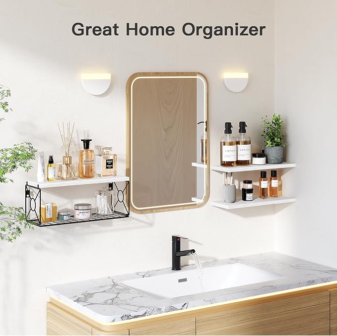 Amada Bathroom Shelves Over Toilet with Storage Basket, Floating Wall Shelves for Home Organization & Wall Decor, Bathroom/Kitchen/Living Room ShelvesWhite-NeatNest