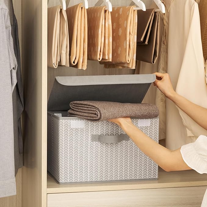 GRANNY SAYS Fabric Bins with Lids, Decorative Storage Containers with Lids, Stackable Storage Bins, Large Storage Boxes for Organizing Closet Shelves, Light Gray/White, 2-Pack-NeatNest