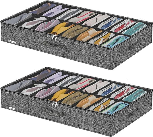 Large Sturdy Thicken Shoe Storage Box, Clear Shoe Organizer for Closet Underbed, Folding Shoe Rack Sneaker Bin Holder Container Display Case, 16x2 Pairs, Linen-like Black, ZMXAUBS16P2-NeatNest