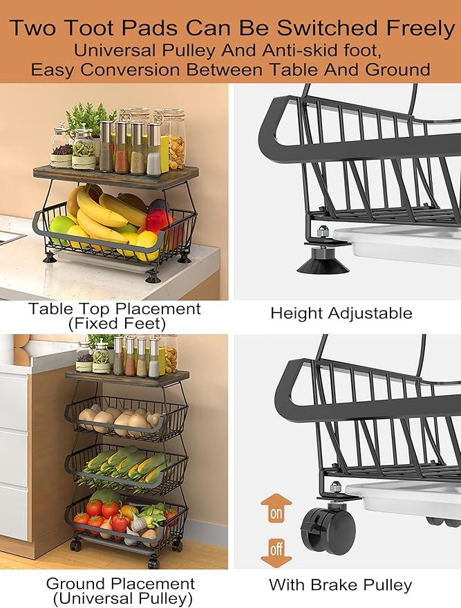 MURRI&MURRDI Fruit Vegetable Storage Basket with Wooden Lid, 6 Tier Stackable Wire Storage Baskets with Wheels Produce Basket Organizer for Kitchen Rack Storage Cart for Pantry (6 Black 6 Layer)