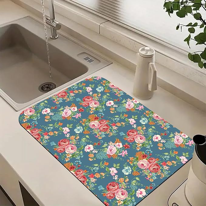 Boho Flowers Dish Drying Mats for Kitchen Counter Absorbent Fast Dry Dish Drainer Rack Mats for Dishes Utensils Pot and Pan, Kitchen Accessories 24"x16"-NeatNest