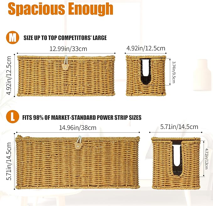 Cable Management Box, Upgrade Large Cable Organizer Box, Handmade Rattan Floor Cord Covers with 4 Open Slots, Cord Hider for Power Strips, Wires Storage