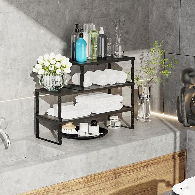 Expandable Stackable Spice Rack Organizer for Kitchen Cabinet,Adjustable Counter Shelf, countertop, Pantry,Cupboard,Bathroom,Bedroom(2Packs/Black/Large)-NeatNest