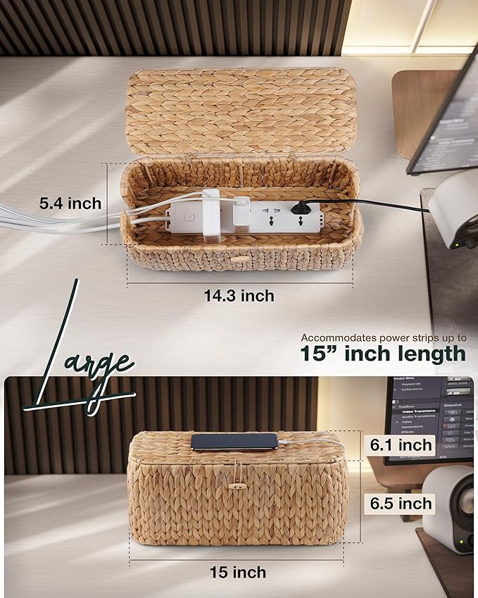 BLUEWEST Cable Management Box, Water Hyacinth Organizer Box, Durable Rattan Cable Organizer with Dual Open Slots for Desk, TV, or Office Cords, Stores Power Strips, USB Hubs, and Wires