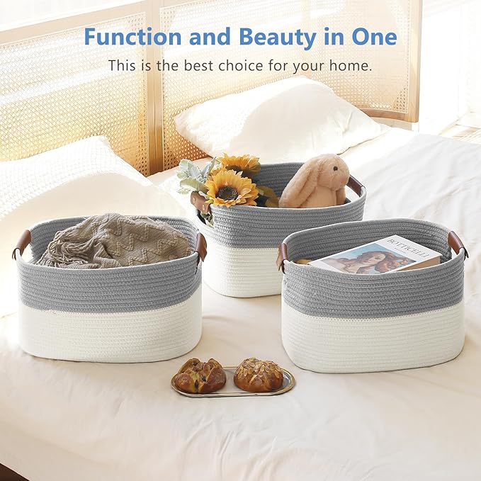 Cotton Rope Storage Baskets,15x10x9 in,Collapsible Storage Bins, Decorative Woven Basket Cube Storage Organizer for Laundry, Towel, Clothes (White/Grey-3Pack, 15x10x9 inches)-NeatNest