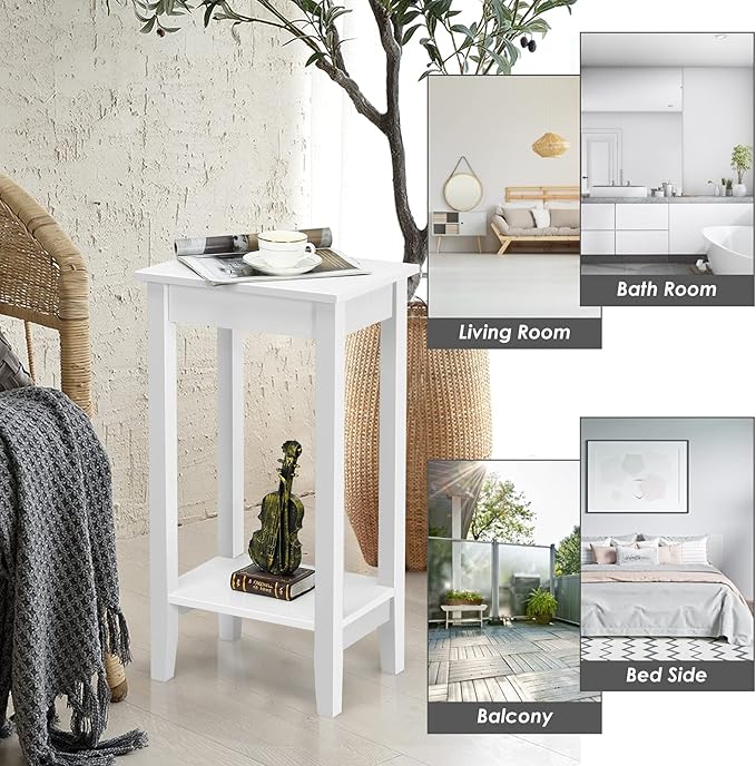 Giantex 2-Tier End Table Tall Set of 2 Nightstand, Simple Design Sofa Bedside Table with Versatile Shelf and Wooden Legs for Small Spaces, Living Room, Study, Bedroom, Narrow Telephone Table, White