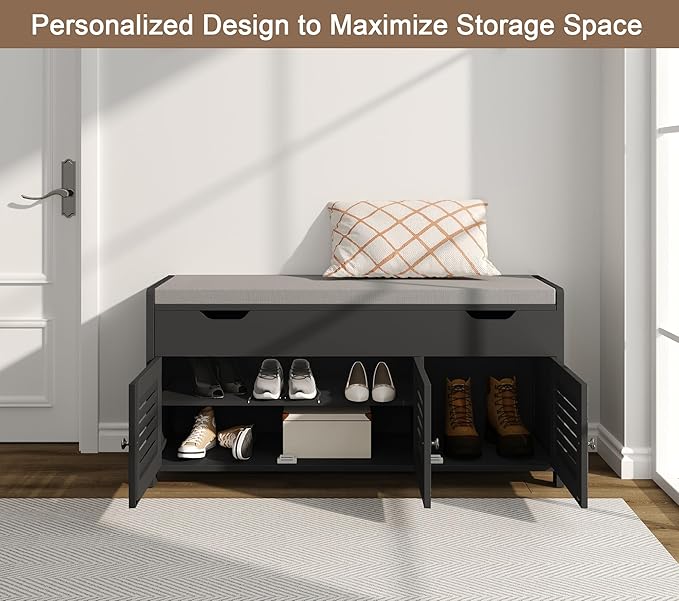 ChooChoo 41.3" Shoe Storage Bench with Lift Top Storage, Entryway Bench with Cushioned Seat, Adjustable Shelf, Shoe Cabinet with Hidden Space, for Entryway, Bedroom, Living Room, Black-NeatNest