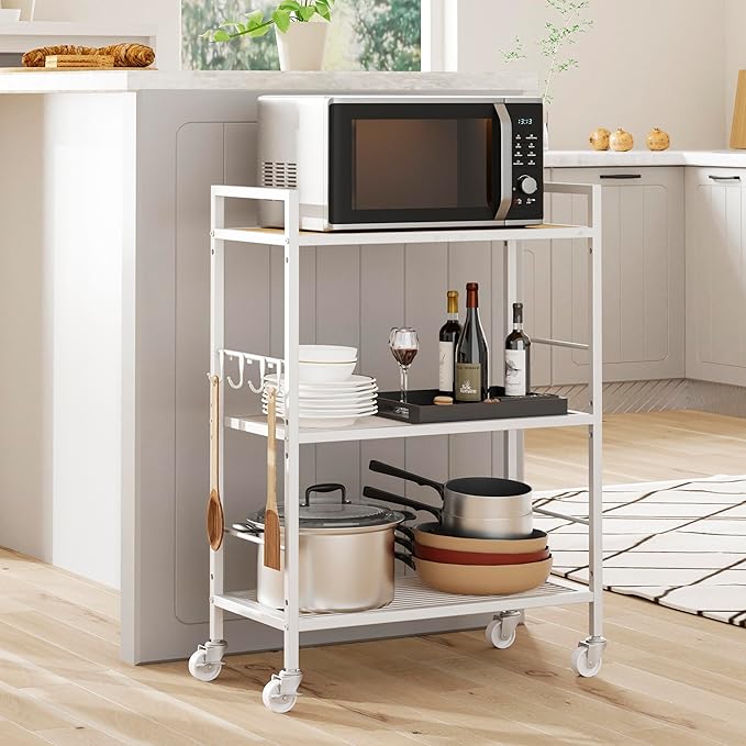 3-Tier Metal Storage Rack with Industrial Wheels,Mesh Shelving Unit with Wooden Table top,Adjustable Shelf,23.6-Inch Width,for Kitchen,Laundry,Pantry,Plant,Oak Panel and White Frame