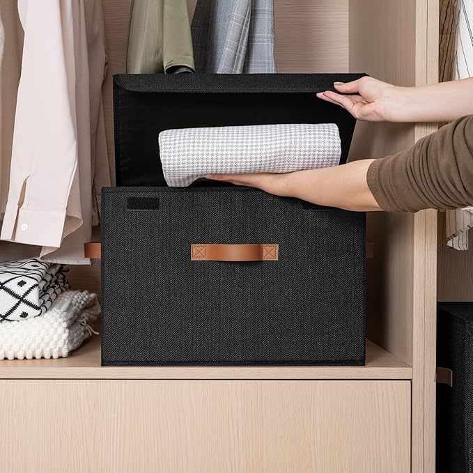 GRANNY SAYS Black Storage Bins with Lids, Decorative Storage Boxes with PU Handles, Linen Closet Organizer, Storage Baskets for Shelves, Fabric Storage Bins for Clothes, Extra Large-NeatNest