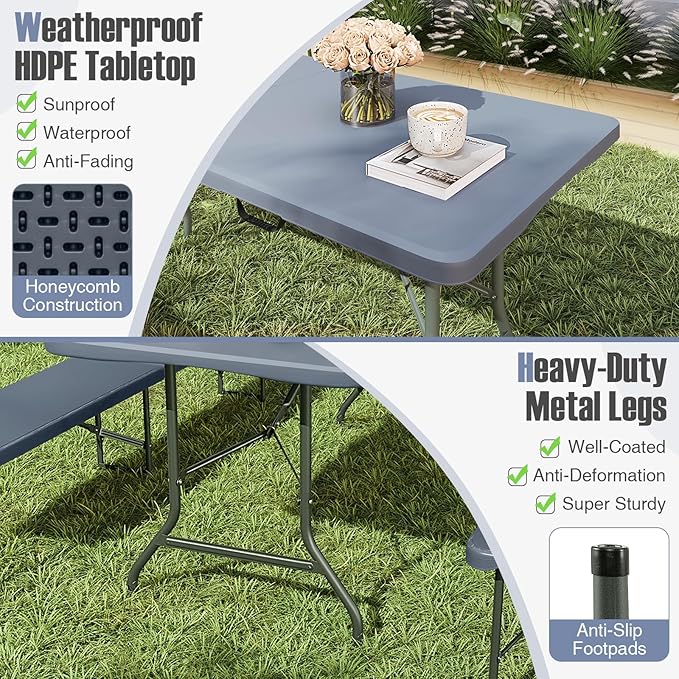 Goplus 6ft Plastic Folding Table, 350 LBS Outdoor Heavy Duty Folding Tables with HDPE Tabletop, Handle, Lock, Foldable Rectangle Portable Utility Card Table for Picnic, Party, Camping, Dining-NeatNest