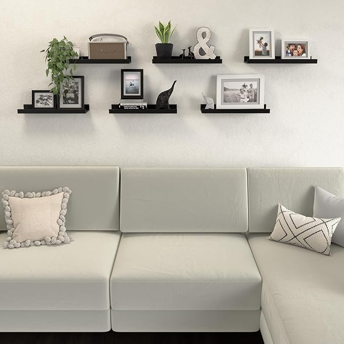 Floating Shelves Set of 6, Black Wall Shelves with Lip, Display Shelves for Wall Decor, Modern Picture Ledge for Living Room, Bedroom, Nursery, Bathroom, Pictures, Books, Plants- Black-NeatNest