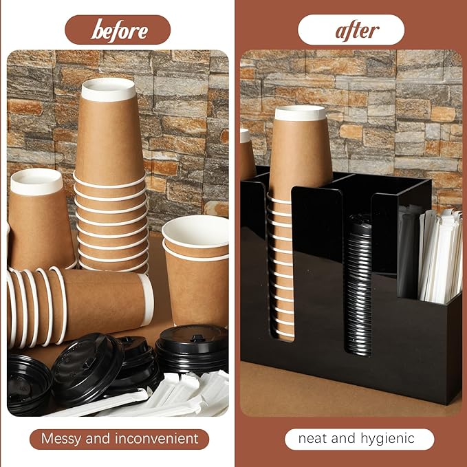 4 Compartments Acrylic Coffee Cup and Lid Storage Organizer Holder Disposable Paper Cup Dispenser Organizer Plastic Lid Holder Accessories for Kitchen Bar Shop Party Supplies(Black)