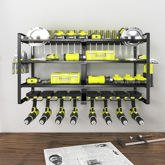 KAFAHOM Power Tool Organizer-8 Drill Holder Wall Mount,4 Layer Heavy Duty Metal Power Tool Storage Rack,Garage Tool Organizer and Storage with Screwdriver Holder/Plier Holder/Hammer Holder