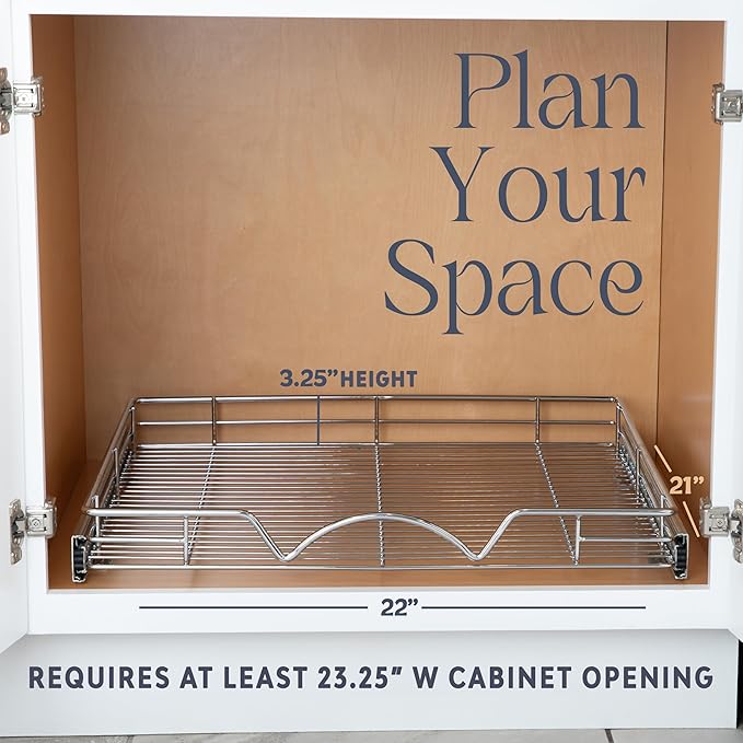 HOLDN’ STORAGE Pull Out Cabinet Organizer - Heavy Duty Steel with Smooth Slide-Out Drawers, Chrome Finish - 22" W x 17" D Basket, Fits 23.25" Cabinet Opening