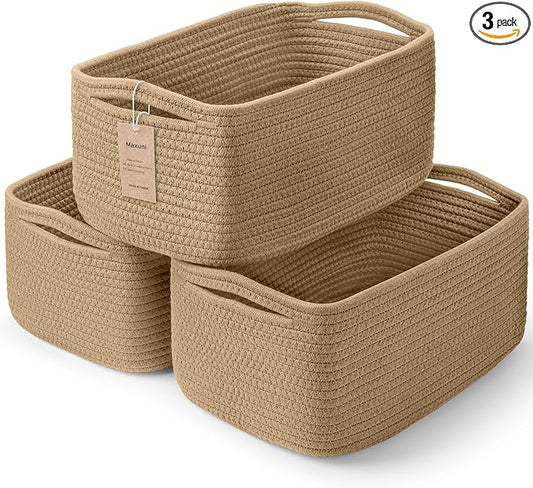 3-Pack Storage Baskets for Organizing | Woven Shelf Toy Basket | Rope Baskets for Gifts Empty | Closet Organizer Bins with Handles | Cube Decorative Box | 13.7×7.1×6.7” | Brown-NeatNest