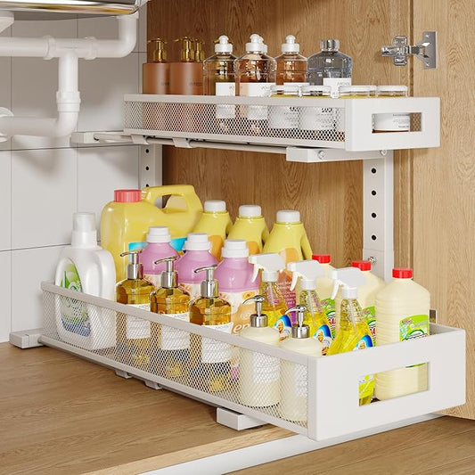 1 Pack 20.47IN Depth Under Sink Storage Organizer, Large 2-Tier Elegant Mesh Pull Out Shelf for Kitchen and Bathroom Cabinet Organization, L-Shaped and Adjustable Height Design-White-NeatNest