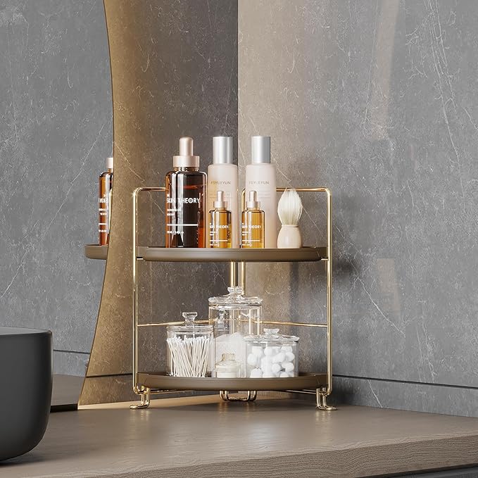 FSyueyun 2-Tier Corner Bathroom Counter Organizer, Tool-Less Installation Corner Vanity Organizer Small Plastics Countertop Makeup Tray Skincare Perfume Organizers (Gold & Brown)-NeatNest