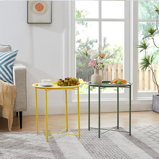 VECELO Side/End Table, Folding Round Metal Anti-Rust and Waterproof Outdoor or Indoor Tray for Living Room Bedroom Balcony and Office, 1 PCS,Yellow