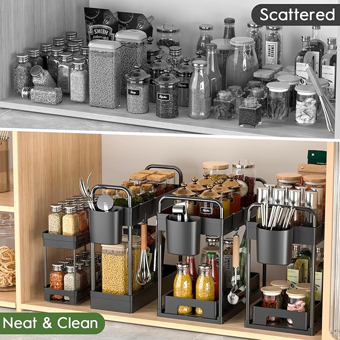 4 Pack Under Sink Organizer and Storage - Stackable 3 Size 2 Tier Bathroom Under the Sink Organizers Multi-Usage Kitchen Cabinet Organizers and Storage Sink Bath Shelf Baskets-NeatNest