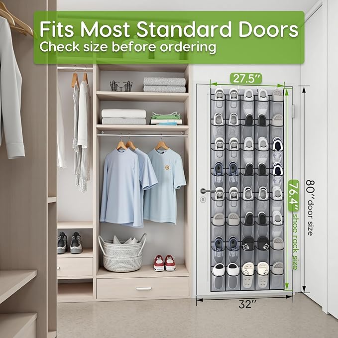 Unjumbly Over the Door Shoe Organizer with 40 Large Breathable Mesh Pockets, Space Saving Shoe Holder, Hanging Shoe Rack for Entryway Bedroom Closet Storage (Grey, 40 Pockets)-NeatNest