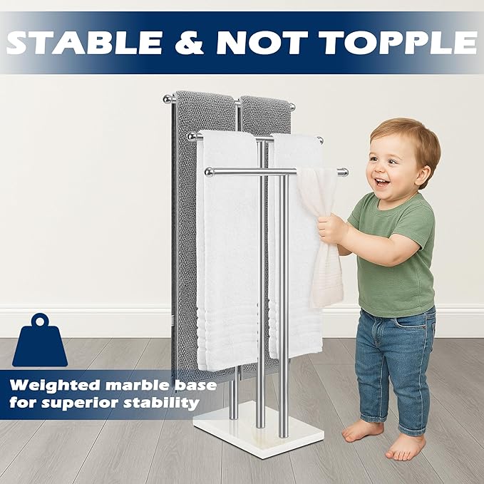 Freestanding Towel Rack 3-Tier, Towel Rack Stand with Marble Base, Stable Towel Racks for Bathroom Freestanding, White